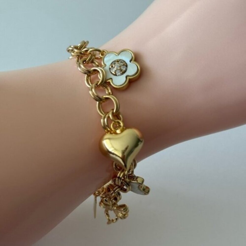 ! Luna Norte Toggle Brass 7 Charms Bracelet Gold Color W Mother of Pearl